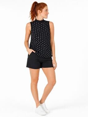 O215 Easy Essentials Black White Polka Dot Sleeveless Mock Neck Top Medium